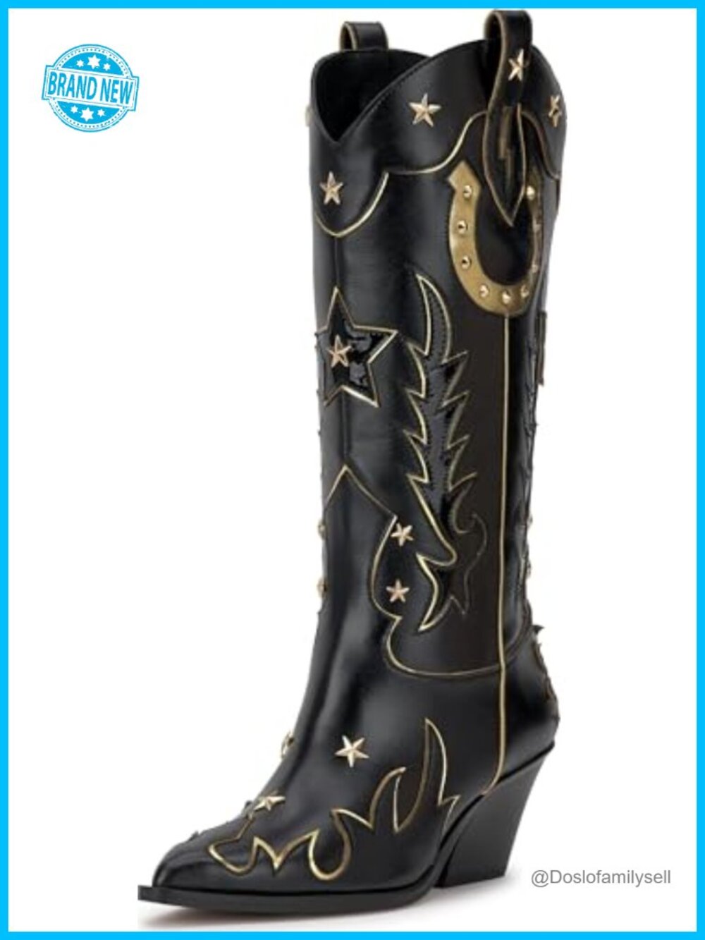 Faux Leather Pointed Toe Stacked Heel Knee High Boots